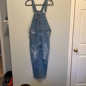 Women's Medium Wash Distressed Denim Boyfriend Overall Size 2